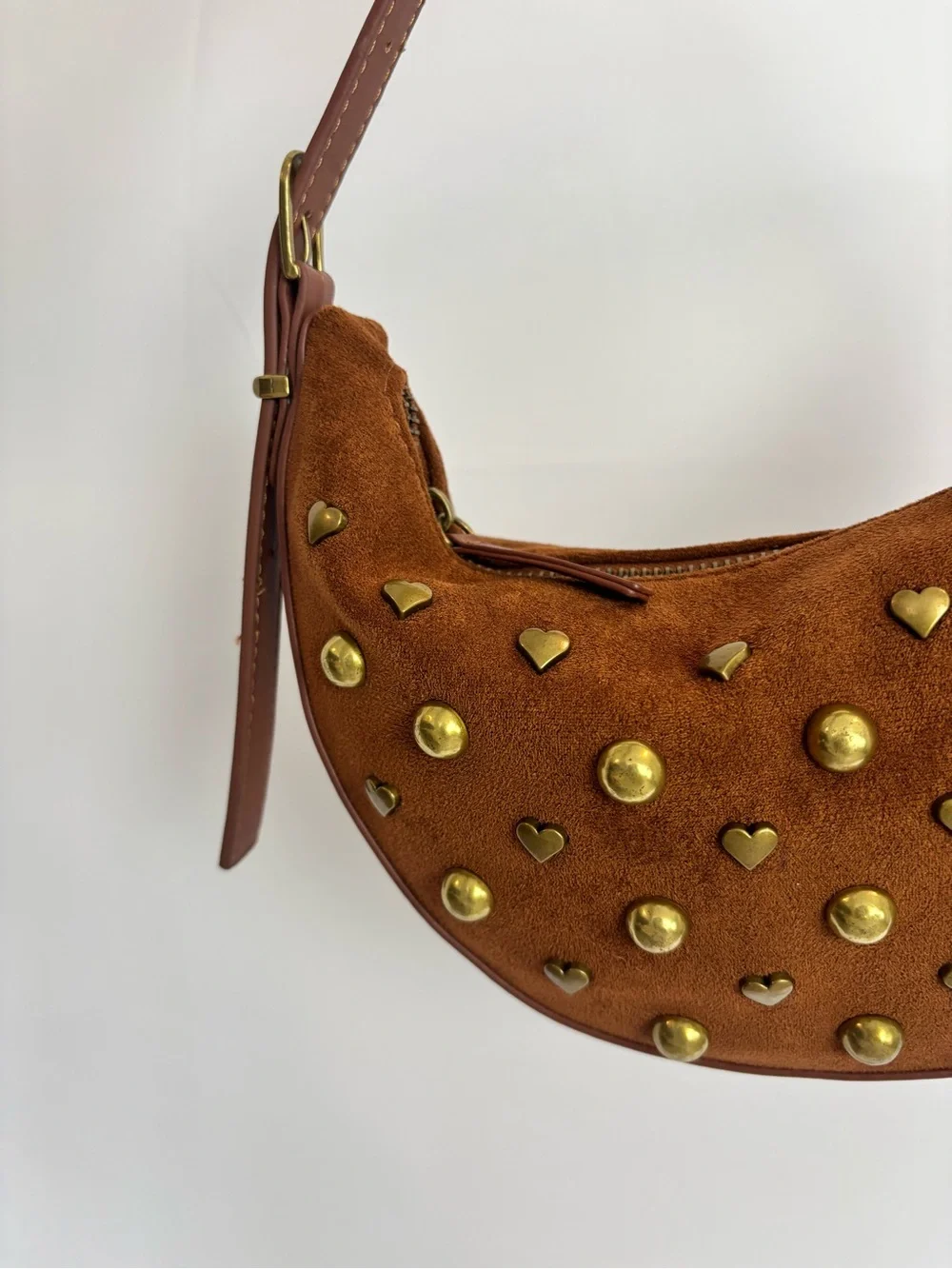 American Eagle Outfitters Brown Suede Crescent Shoulder Bag with Gold Studs